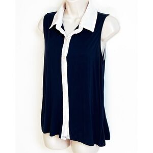 Pinque High Low Women’s Button Down Collared Tank Top Navy Blue Cream White M